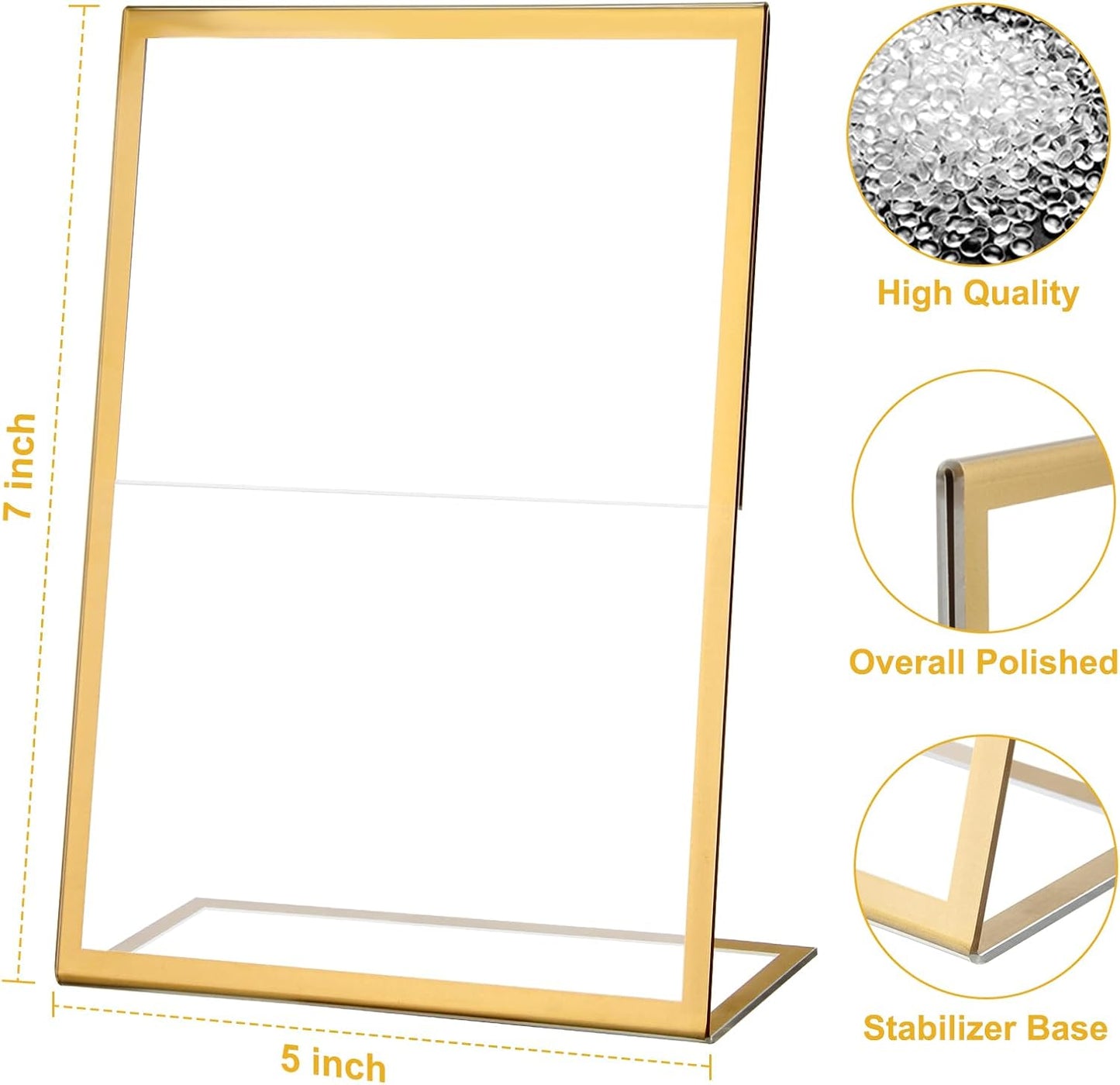 EHWINE 12 Pack 5 x 7 Acrylic Sign Holder, Clear Plastic Signs Display Stand, Gold Slanted Back Paper Holder Stand up Table Top Sign Holders Flyer Stand Frames Suitable for Office Business Store