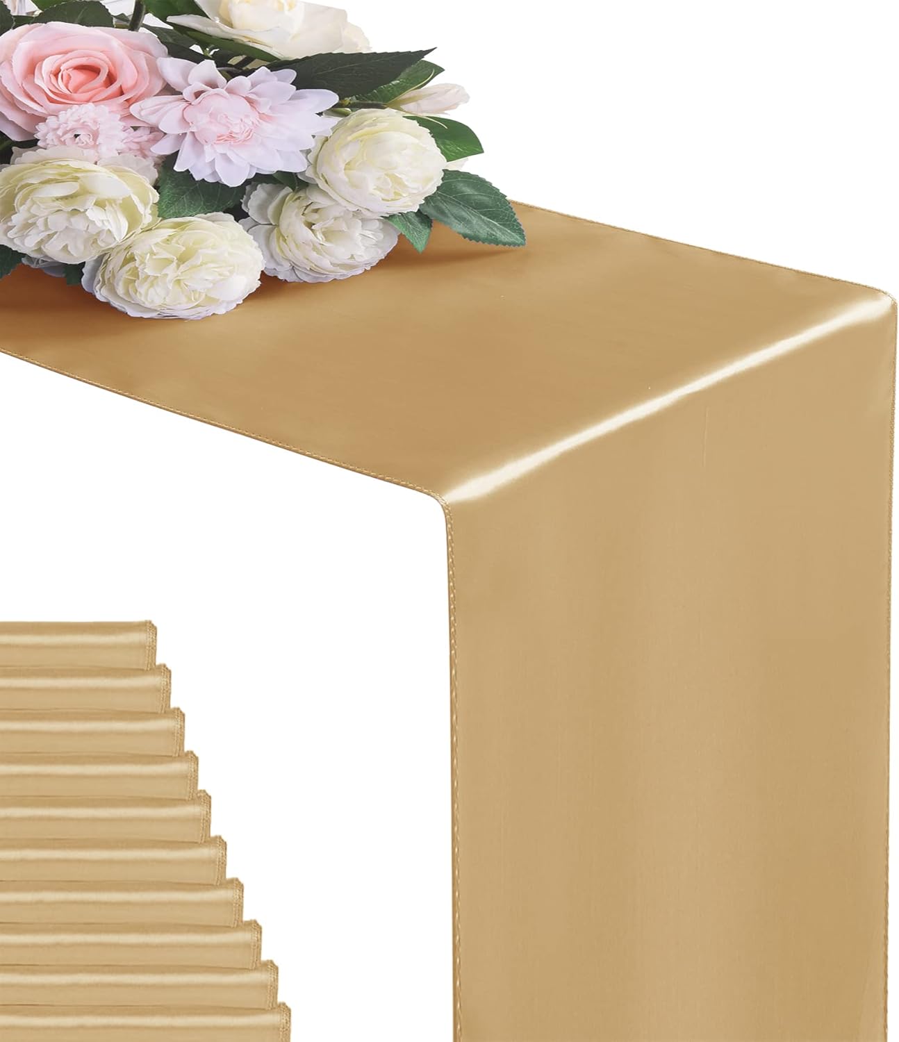 24Pack Table Runner 12 x 108 Inches Satin Silk Table Runner for Wedding, Birthday Party, Banquets, Graduations Decoration, fit Rectange and Round Table-Champagne