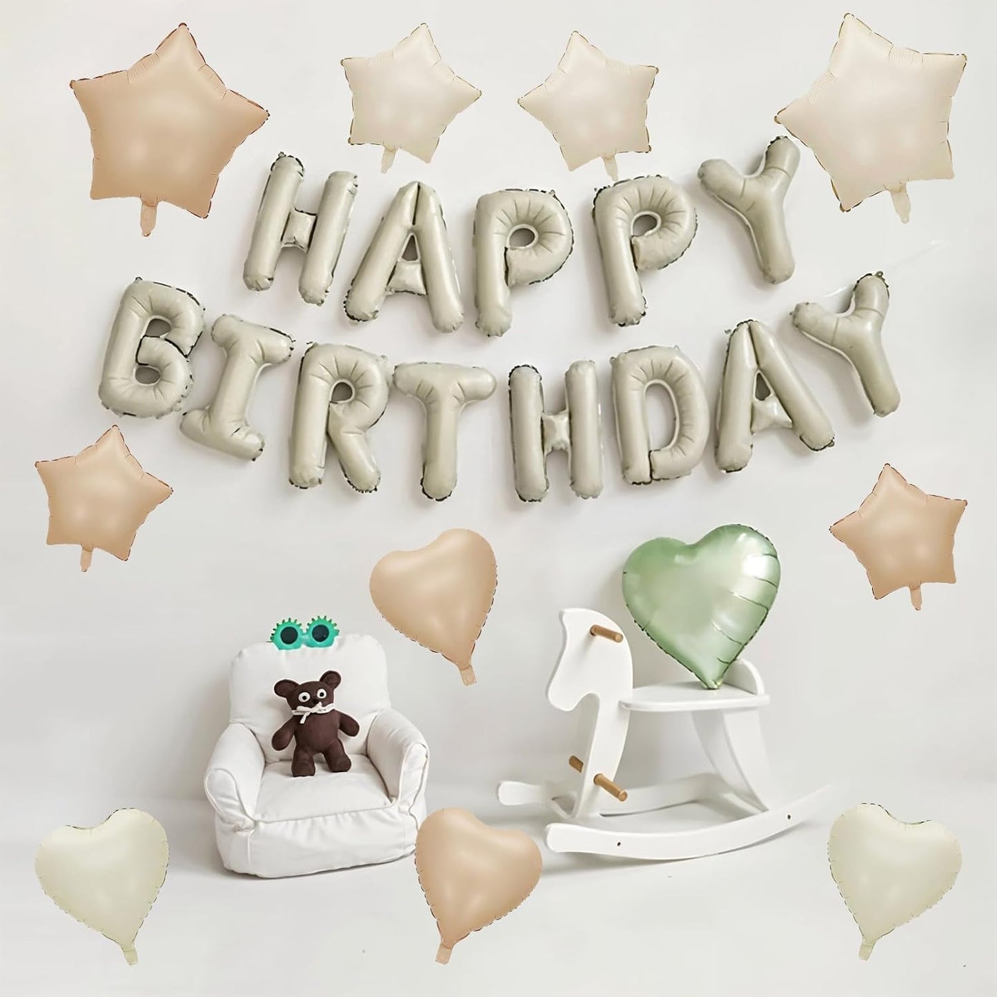 Happy Birthday Balloon Banner Cream, 16 Inch Beige Mylar Foil Letter Balloons, Boho Neutral Birthday Decorations with 10 Pcs Ivory Caramel Brown Foil Balloon, Inflatable Party Supplies for Women Girl