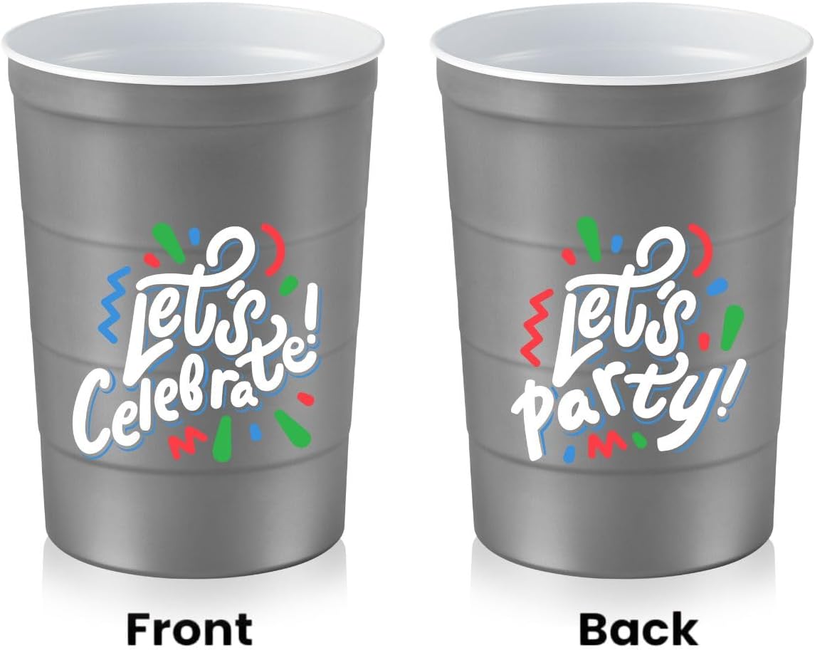 16 oz. Party Cups 'Let's Celebrate Let's Party' Design for Cold Drinks, Durable, Disposable, Recyclable, Made in USA, Gray, 12 Count
