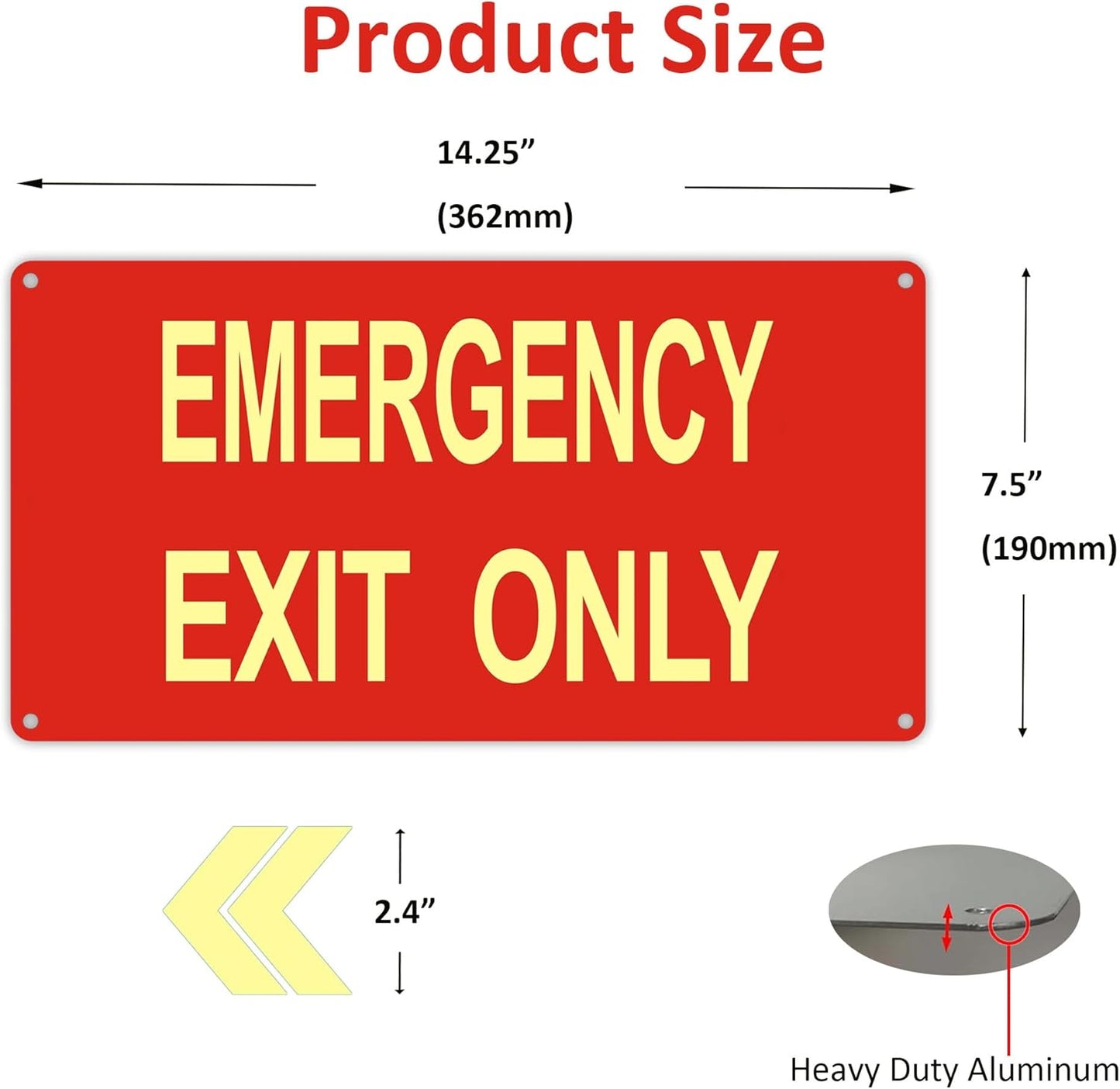 (2Pack) Photoluminescent Emergency Exit Sign Red, Glow In The Dark Aluminum Exit Sign - Adhesive Backing - 4pcs Removable Arrows Included - 14.25 x 7.5 Inches - Non Electrical Exit