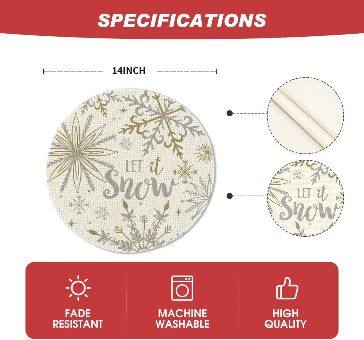 Artoid Mode Beige Snowflake Let It Snow Winter Placemats Set of 6, 14 Inch Seasonal Christmas Xmas Round Table Mats for Dining Decoration