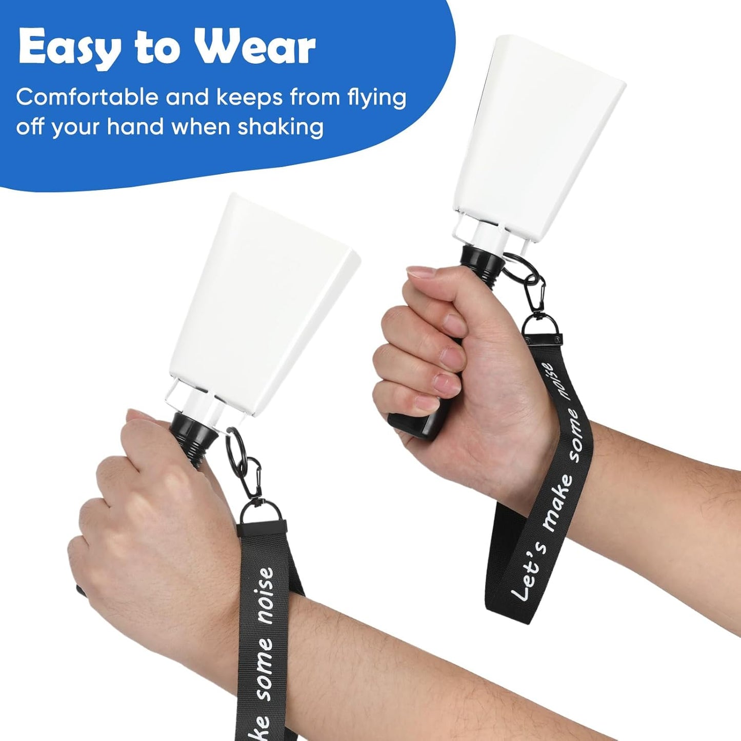 Cow Bells Noise Makers with Handle: Cowbells Hand Percussion for Sporting Events with Wrist Strap - 2pcs 8 Inch Large Loud Cheering Bell for Football Games Graduation (White)