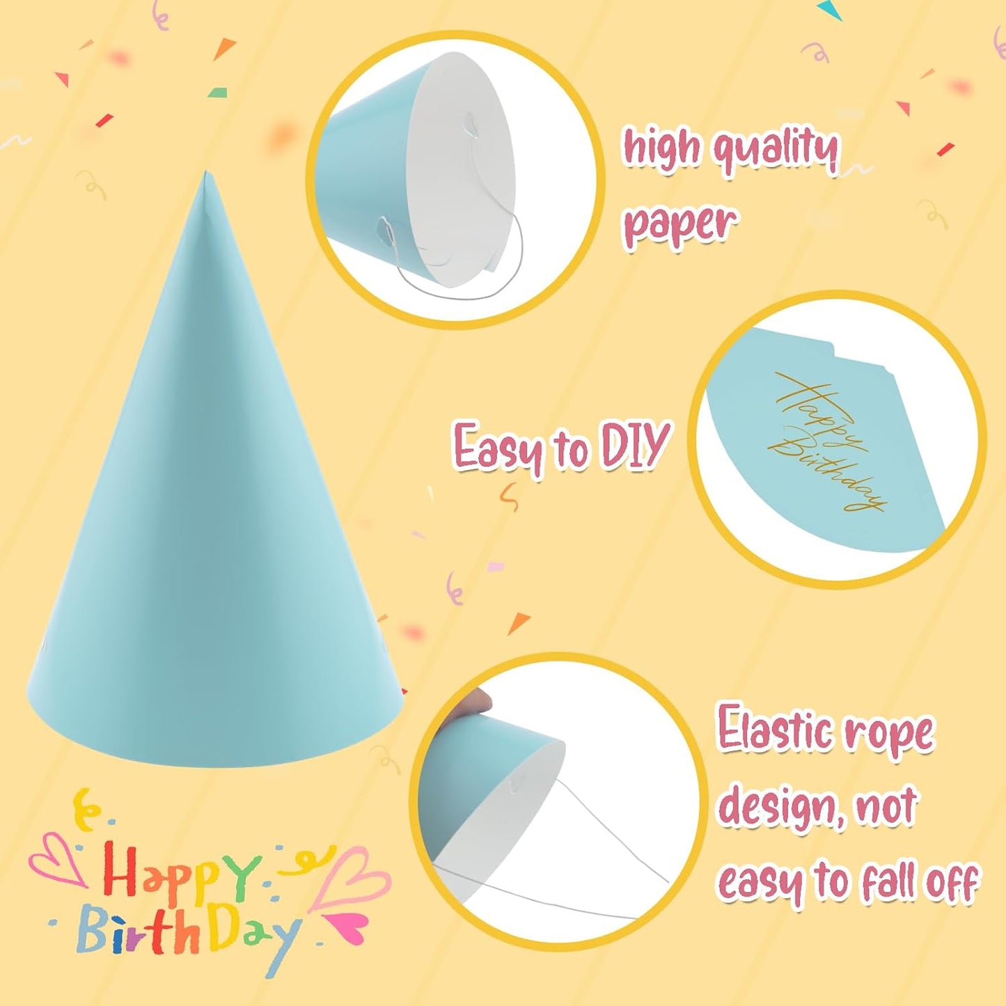 24 PCS Birthday Party Cone Hats Party Hat with Elastic String for Kids and Adults Birthday, Baby Shower, Bridal Shower
