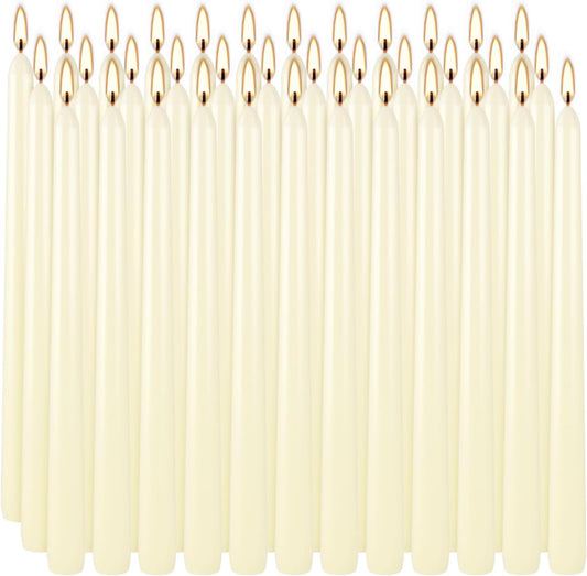 36 Pack Ivory White Taper Candles, 7-8 Hours Burn Time, Unscented, Smokeless and Dripless, 0.8 x 10 Inch Dinner Candle Set for Household, Wedding, Party and Home Décor Candlesticks
