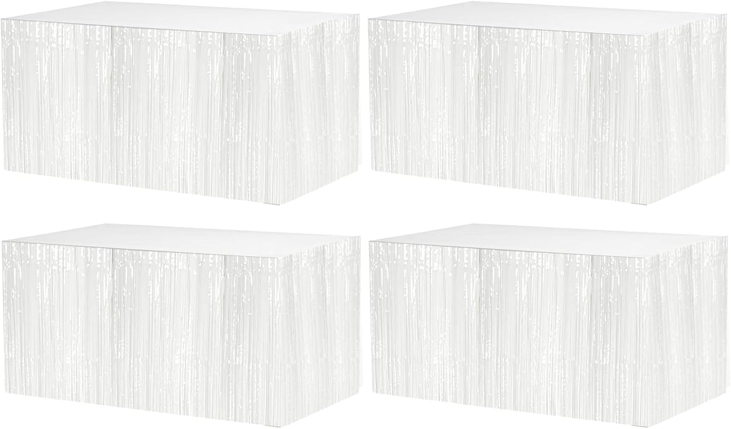 4 Pack 29x108 Inch Metallic Foil Fringe Tinsel Table Skirts for Rectangle Tables Streamer Curtains Backdrop for Wedding, Birthday, Parade Floats, Christmas, Halloween Party Decoration(White)