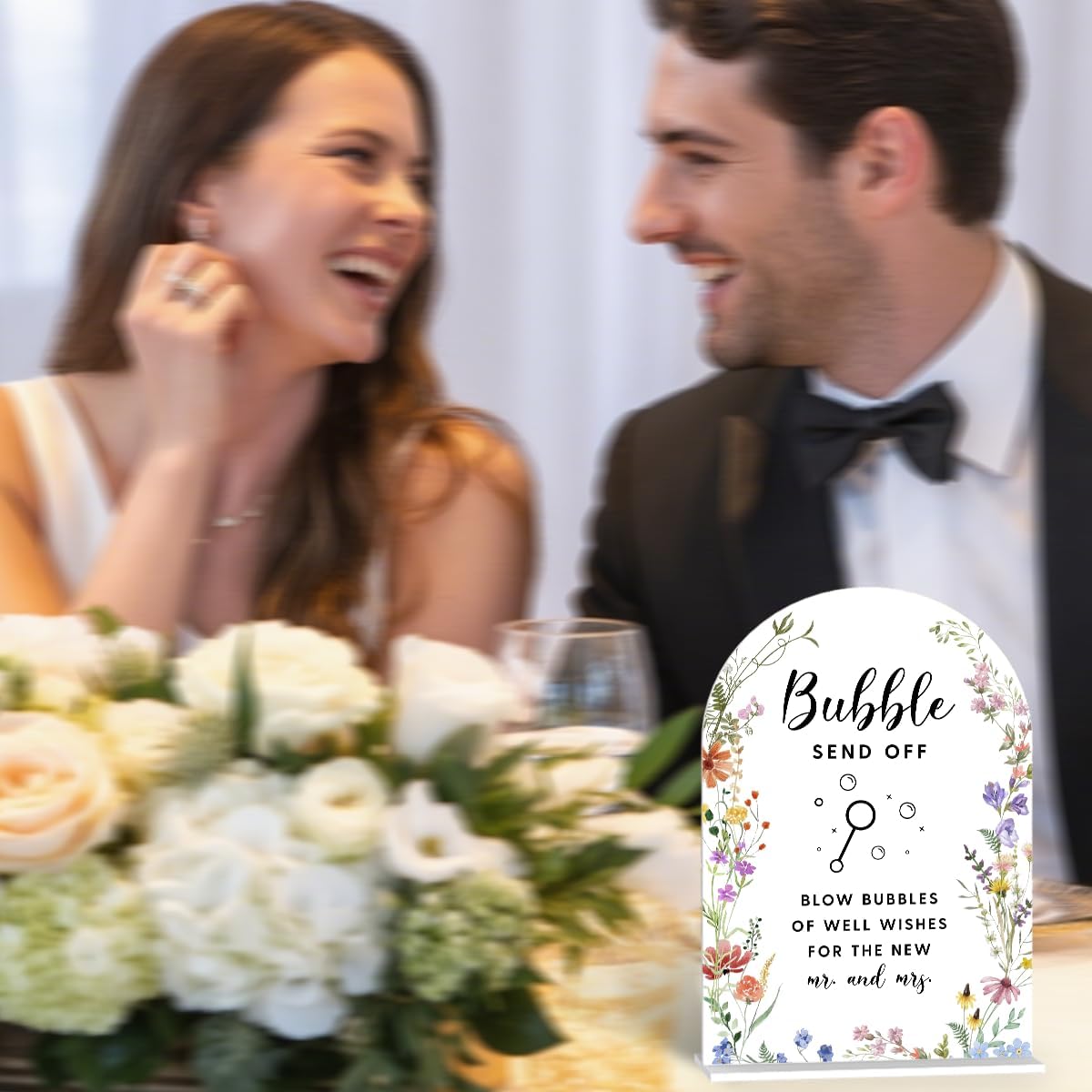 Acrylic Wedding Signs, Bubble Send Off Signs for Marriage Reception, Bridal Shower Decorations, Modern Arched Round Top Acrylic Table Top Sign with Holder for Wedding Party Dinner (White Wildflowers)
