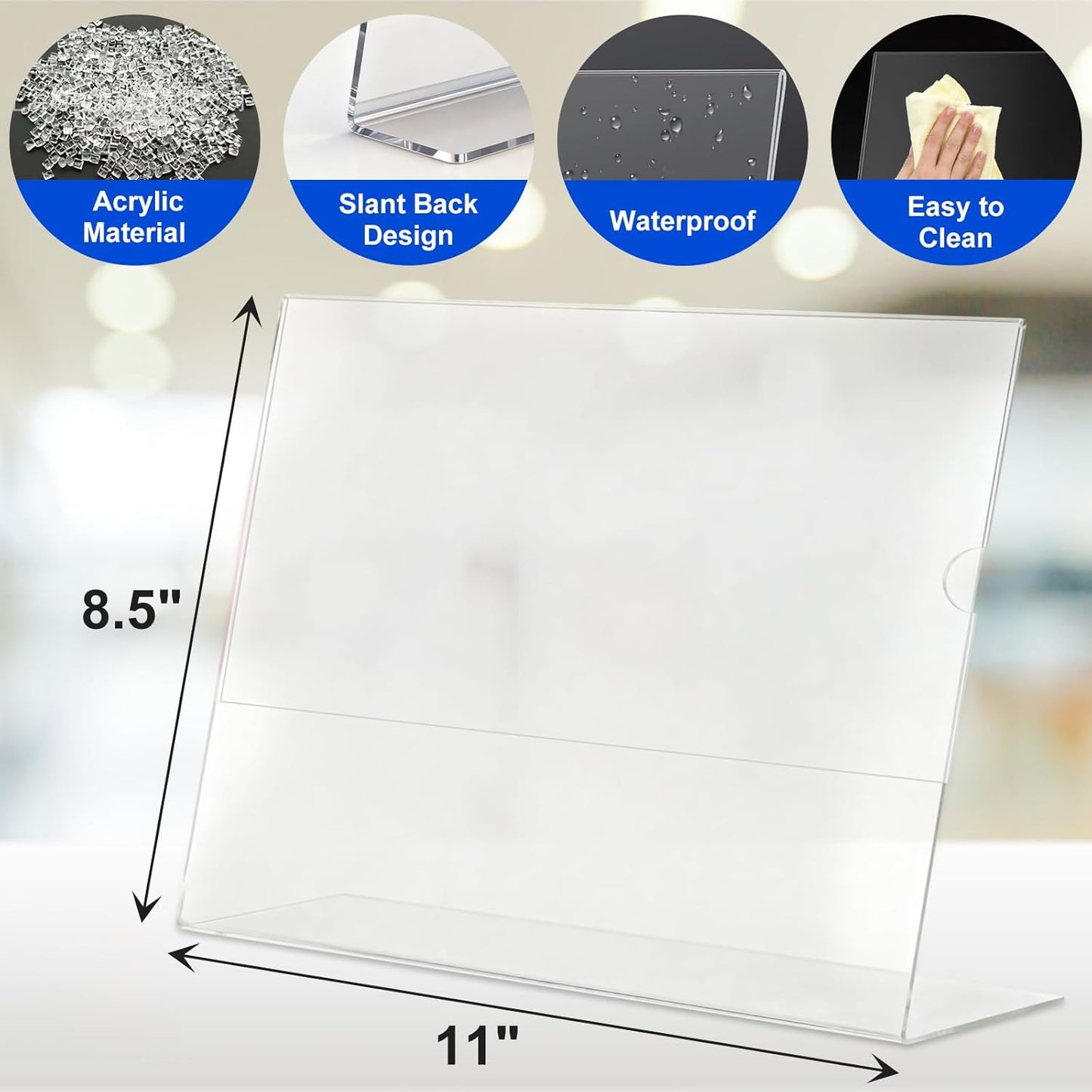 Acrylic Sign Holder 8.5 x 11 Horizontal , Clear Plastic Display Stand for Tabletop, Acrylic Stands for Flyers, Table Paper Holder, Vertical Sign Holder 8.5x11 for Restaurants, Office and School (Slant 6 Pack 11x8.5)