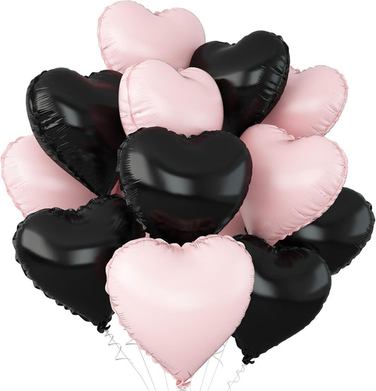 Black and Pink Heart Balloons,12Pcs 18Inch Baby Pink Black Heart Shaped Foil Helium Balloons for Baby Shower Birthday Anniversary Wedding Engagement Party Decorations