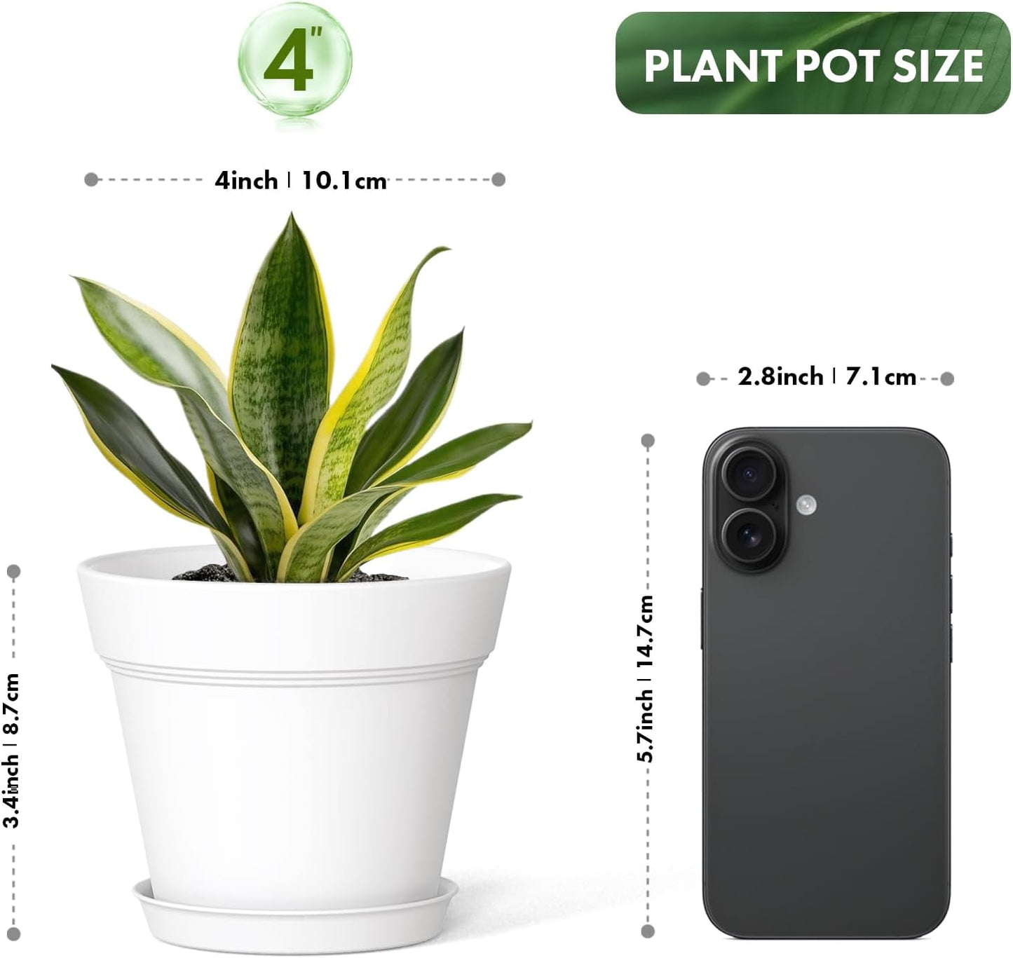 4 Inch Plastic Plant Pots with Drainage Holes and Trays – 8 Pack Small Nursery Pots for Indoor & Outdoor House Plants and Flowers, Seedling Starter Planters, White