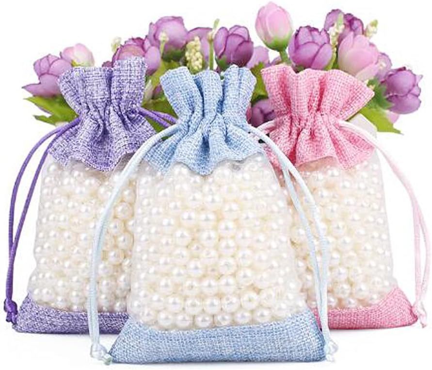 50 Pcs Burlap Bags with Drawstring,3.9"x5.5" Gift Bags Jewelry Pouch Bags for Candy Packing Party Favors Wedding Holiday DIY Craft(Sky Blue)