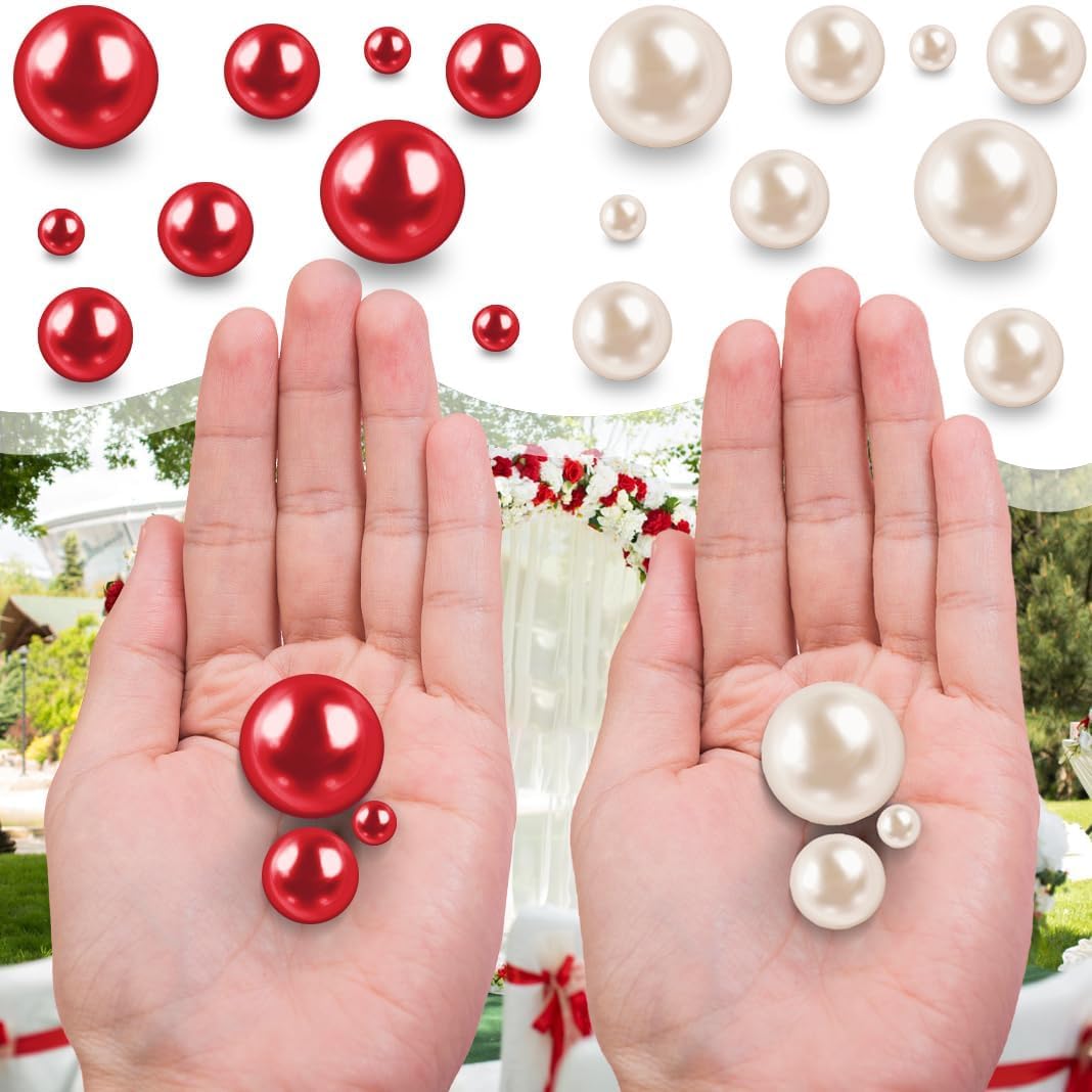 300Pcs Cream&Red Polished No Hole Faux Pearl Beads for Vase Filling Decorations, Plastic Pearls Vase Fillers, Table Scatters, Wedding Centerpiece, Home Decor, 8/14/20 mm