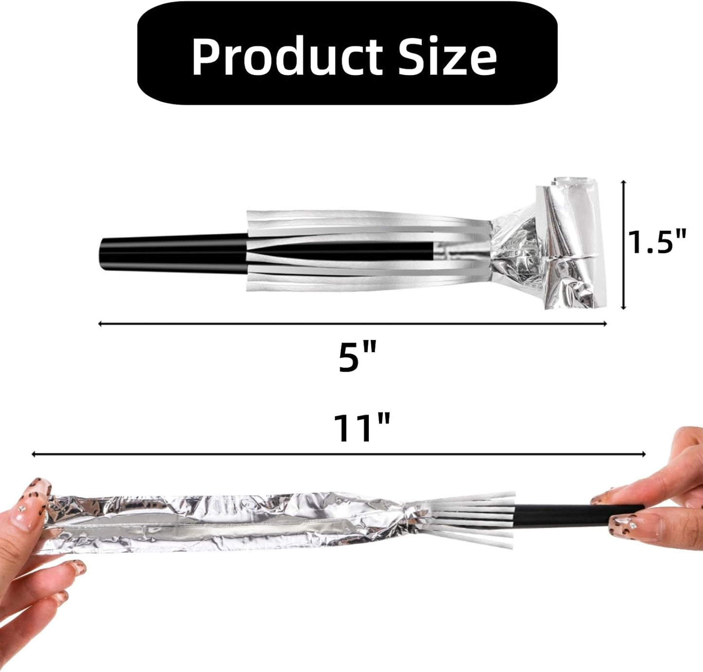 60 Packs Silver Noise Makers, Metallic Fringed Party Blowers, Horns Musical Blowouts Whistles for Birthday Party, Sporting Events, Graduation, Party Favor Supplies Adults