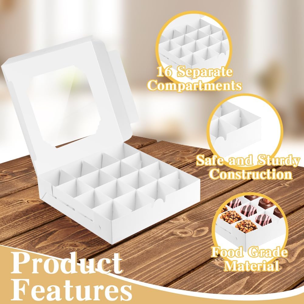 25 Pack White Bakery Boxes, Sweet Boxes with Windows and Divider, 16-Compartments Dessert Box for Chocolate Sweet Assortment