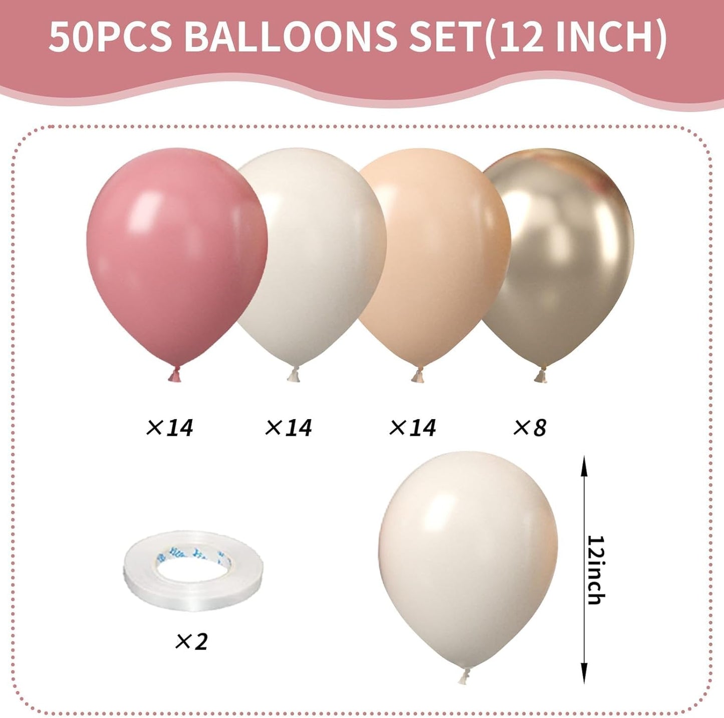 Dusty Pink White Balloons, 50Pcs 12 Inches Pink Sand White Metallic Gold Birthday Balloons for Girls Birthday Party Wedding Anniversary Bridal Engagement Baby Shower Decorations