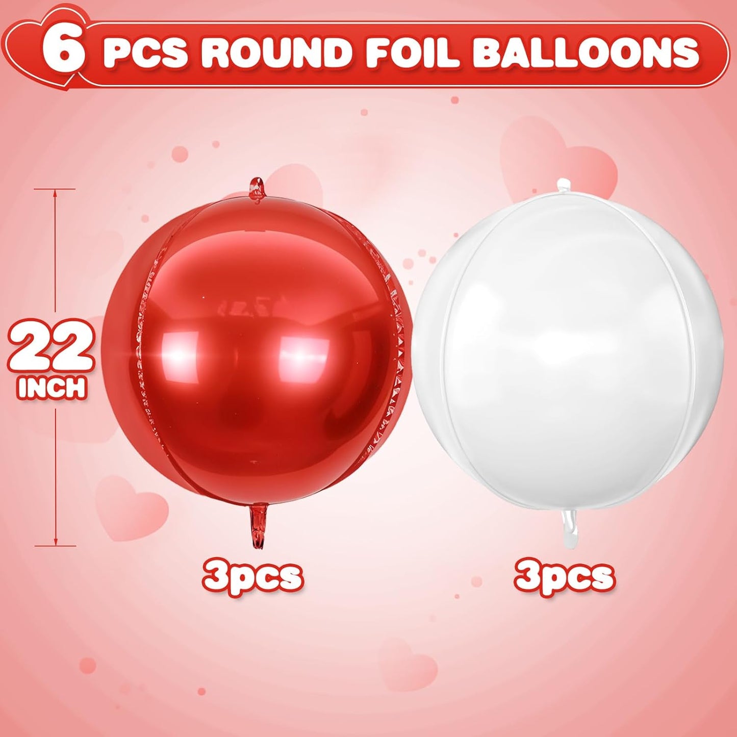 6Pcs Red White Round Foil Balloons,Giant 4D Round Ball Balloon,22 Inch Balloons for Mother's Day, Valentine's Day, Birthday, Wedding, Christmas Party Decorations