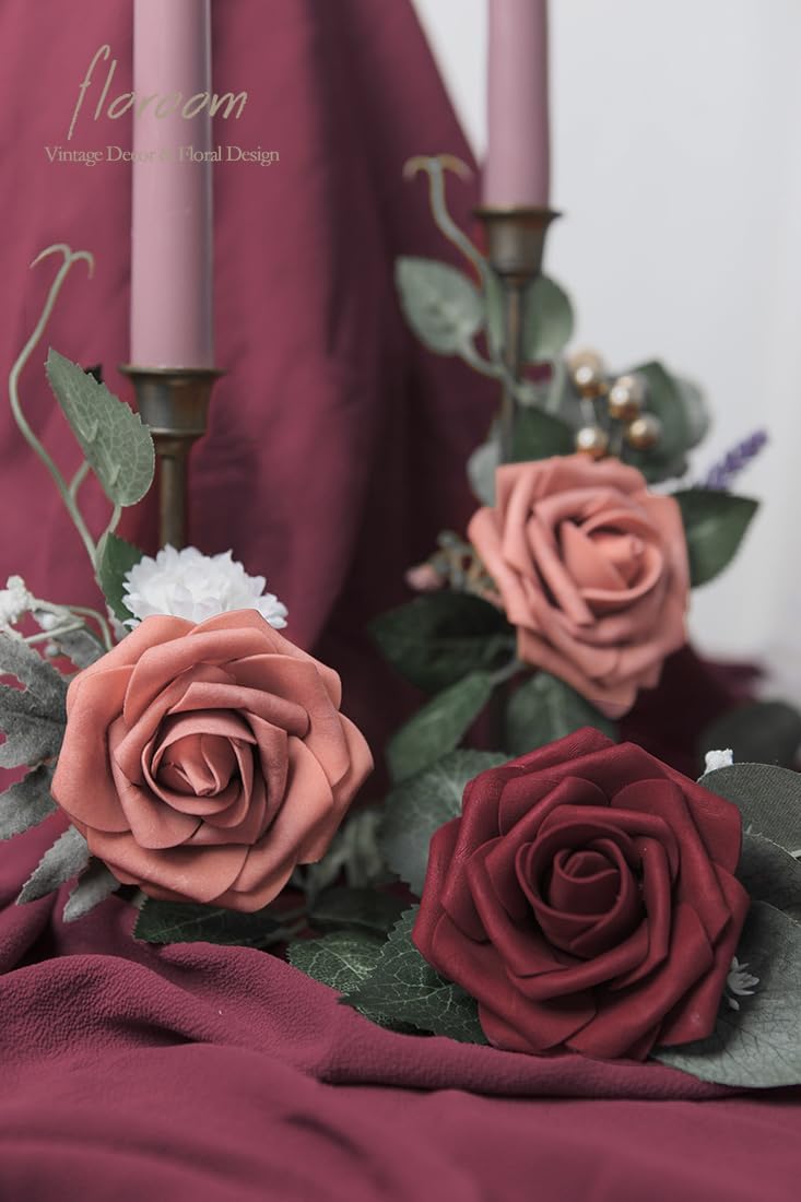 Floroom Artificial Flowers 25pcs Real Looking Dusty Pinky Cedar Foam Fake Roses with Stems for DIY Wedding Bouquets Bridal Shower Centerpieces Floral Arrangements Party Tables Home Decorations