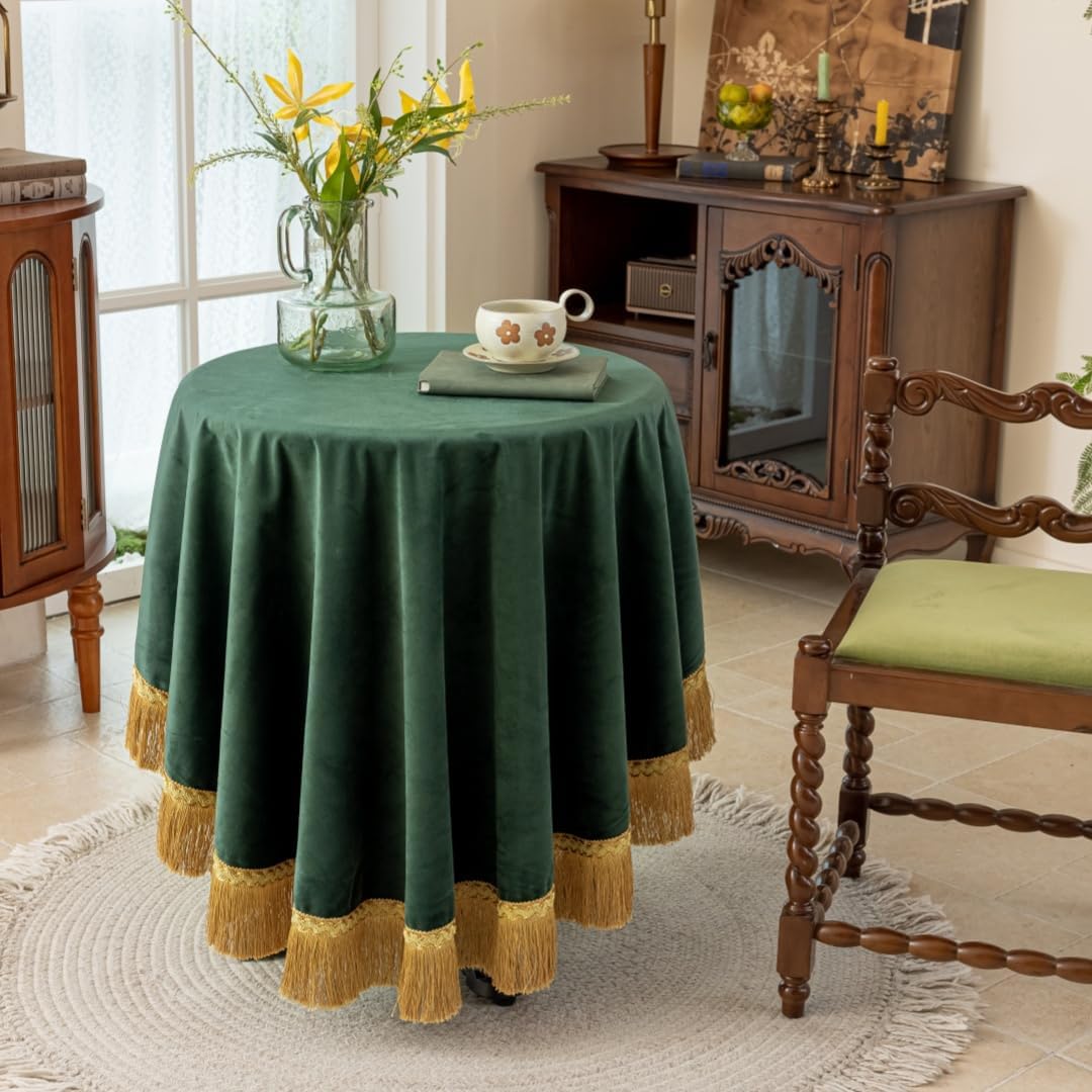 F-CHU Luxury Green Tablecloth Thickset Velvet Tablecloth with Beautiful Gold Tassels Vintage Table Cloth for Home Decor Wedding, Party, Banquet and Events 67" Round