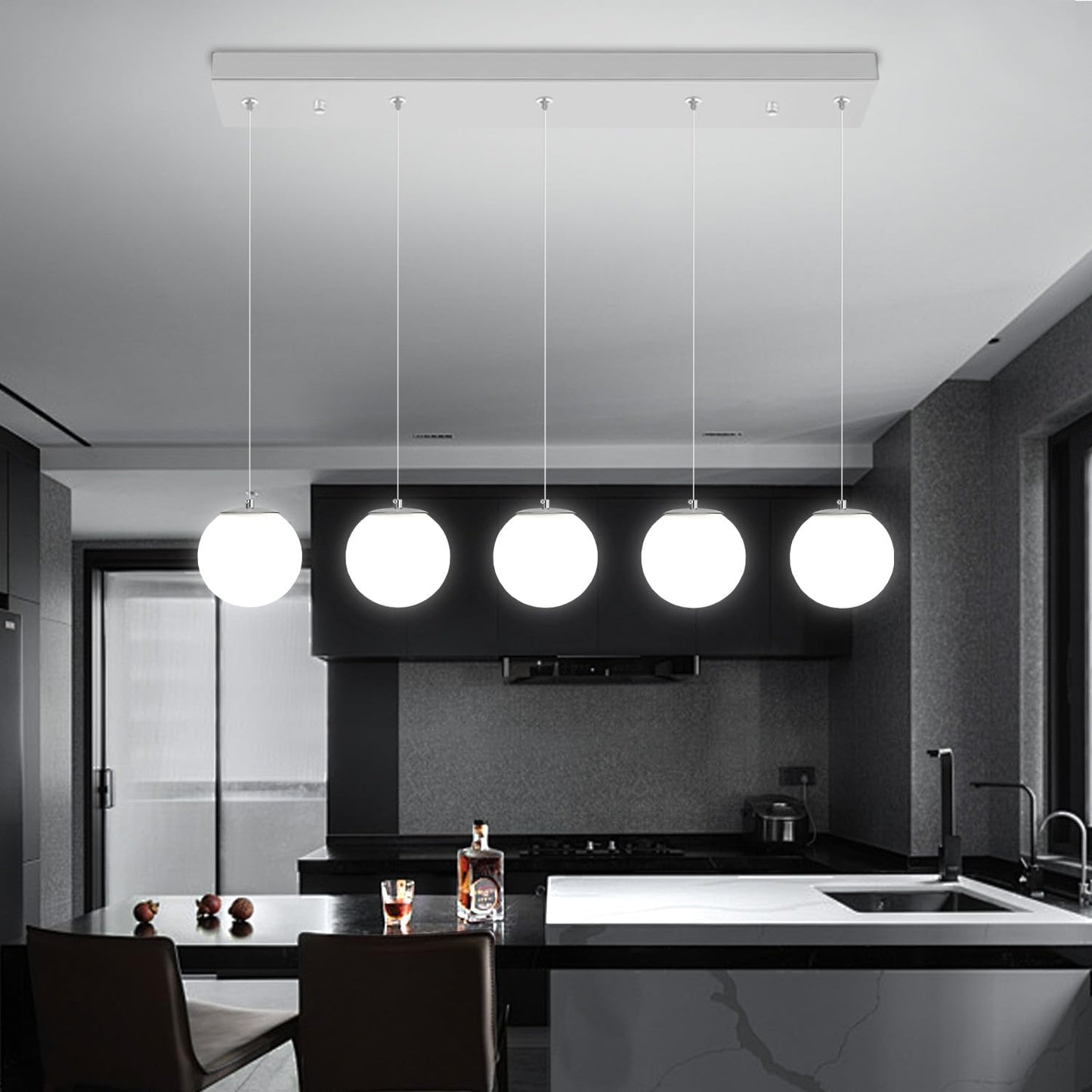 5-Lights Globe Pendant Light for Kitchen Island H 98" Silver Rectangle Chandelier Milk White Glass Pendant Lighting for Living Room Bedroom Entryway