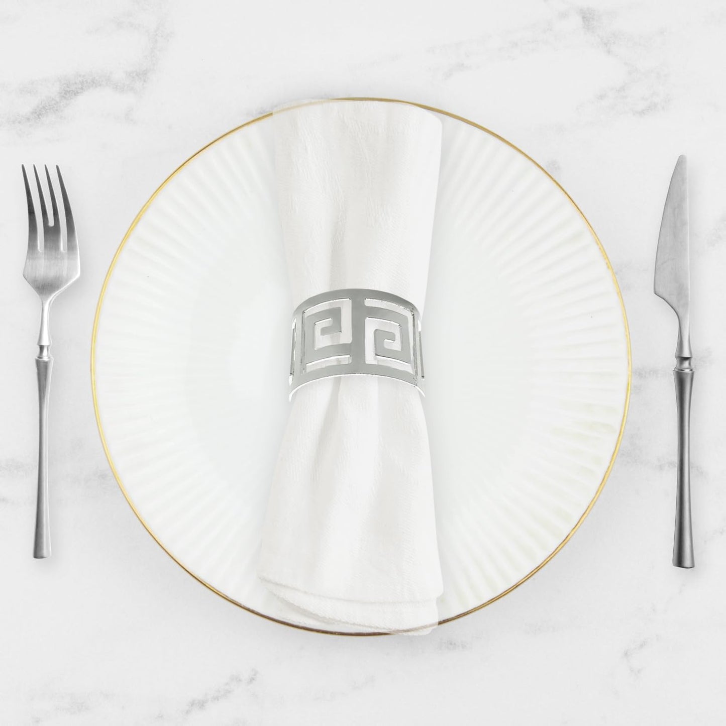 Shiny Silver Napkin Rings Set of 12, Greek Key Round, Modern Cuff Design for Wedding Party Decorations, Kitchen, Holiday Table,Rust Proof,Hotel, Home,Iron, Table Accessories for Dining,Gift