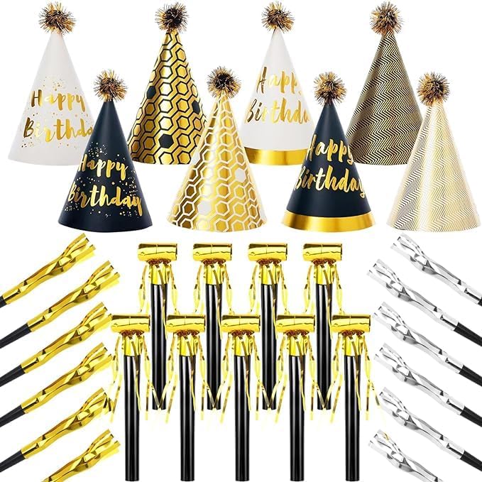 34 Pcs Birthday Party Hats - Gold Cone Hats Including 12 Paper Hats and 22 Noise Makers