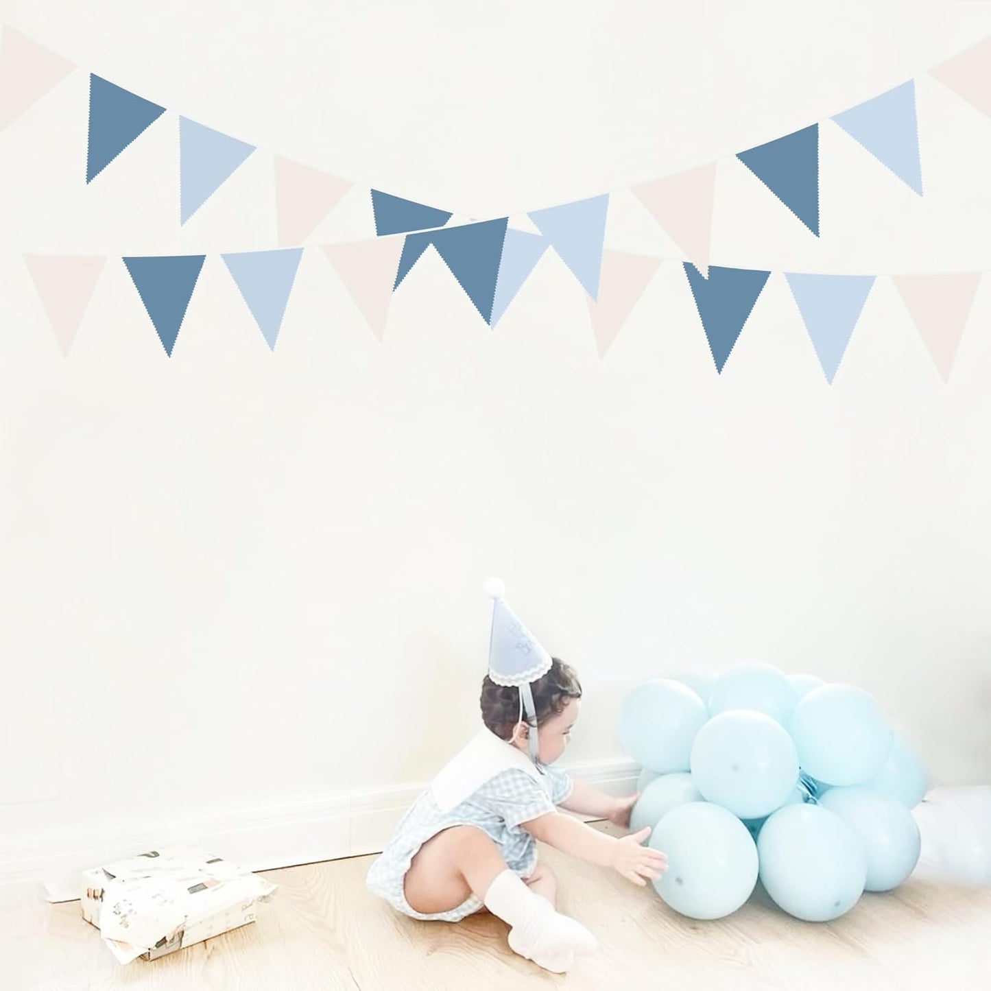 32Ft Blue Party Decorations Retro Blue Triangle Banner Flag Pennant Bunting Fabric Garland Streamers for Nautical Wedding Birthday Ahoy Achor Bridal Baby Shower Under The Sea Party Decoration