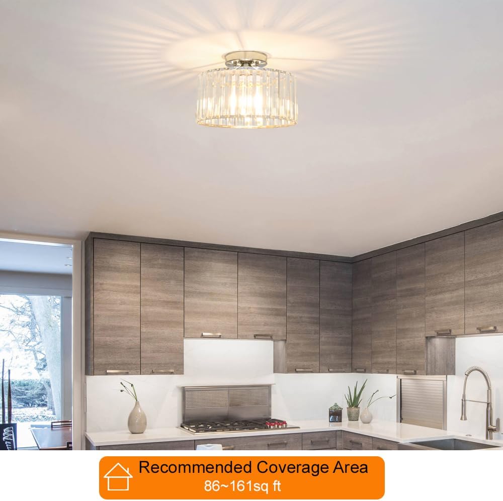 Crystal Ceiling Light Fixture, Chrome Close To Ceiling Light Fixtures, Modern Semi Flush Mount Ceiling Light, Hallway Lighting Fixture Chandelier for Bathroom Bedroom Porch Kitchen Living Room, 11in
