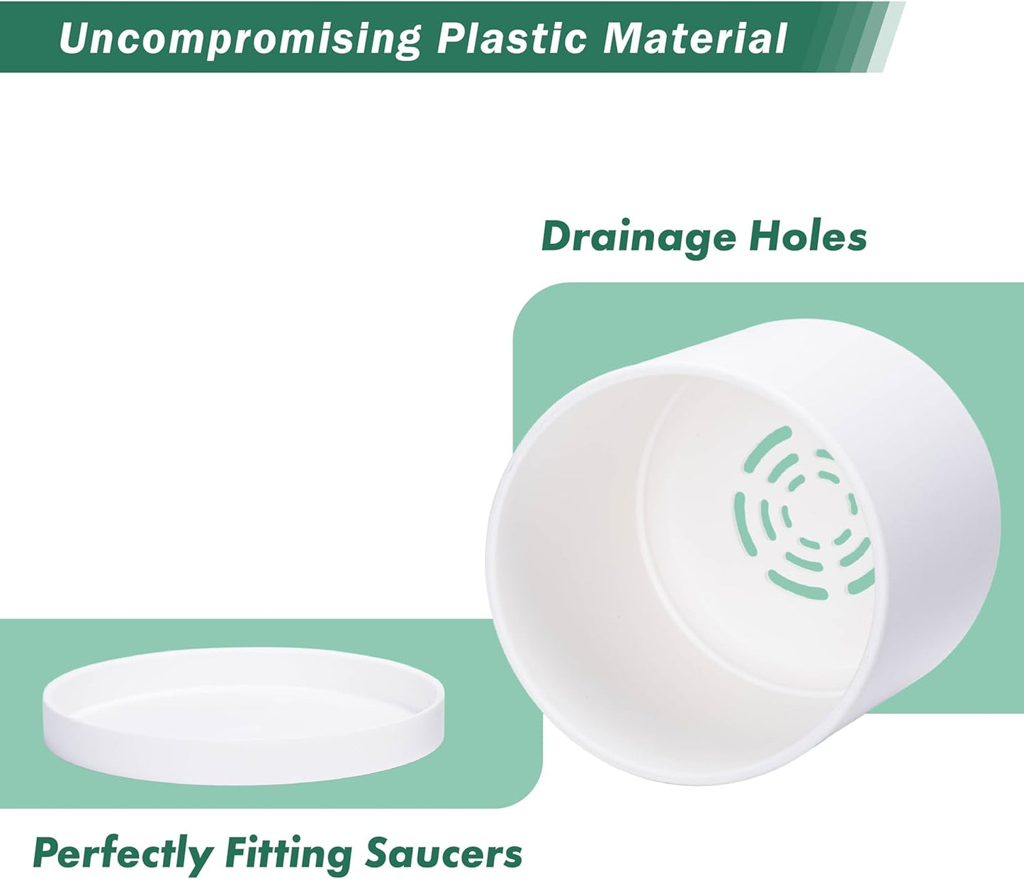 D'vine Dev 4 Pack 6.5 Inch Modern Plastic Plant Pots, Small Garden Planters for Plant with Drainage Holes and Saucers, White Color, 74-Z-L-2