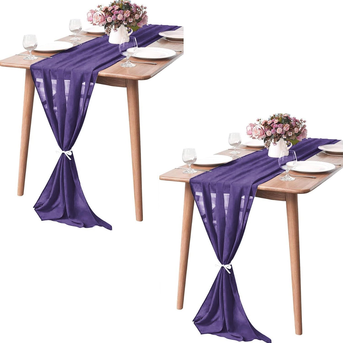 2 Pack 10Ft Chiffon Purple Table Runner Sheer 29x120 Inch for Romantic Wedding Decor Bridal & Baby Shower Birthday Rustic Party Decoration