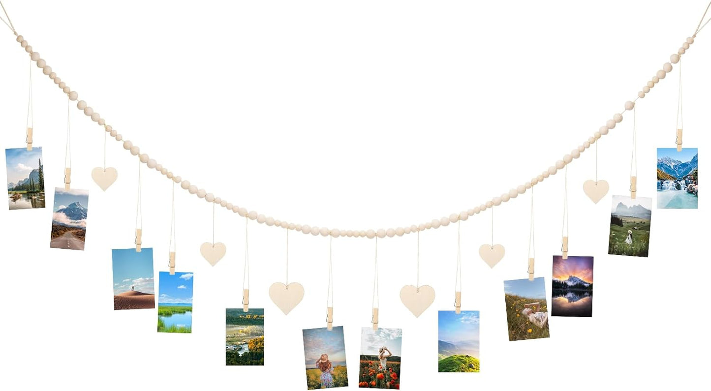 joycraft 5Ft Photo Banner with Clips, Photo Garland with Wooden Beads, Photo Clip String, Boho Photo Display for Bedroom, Office, Dorm, and Party Decor(11Pcs Clips + 6Pcs Wooden Heart Tags)