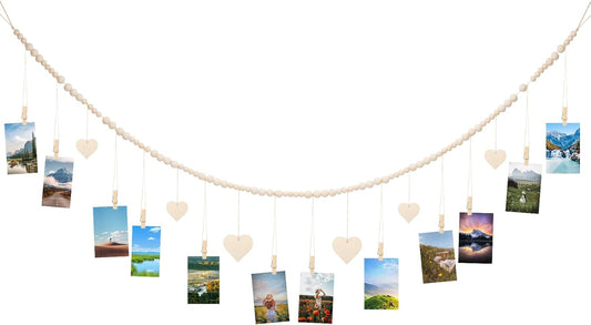 joycraft 5Ft Photo Banner with Clips, Photo Garland with Wooden Beads, Photo Clip String, Boho Photo Display for Bedroom, Office, Dorm, and Party Decor(11Pcs Clips + 6Pcs Wooden Heart Tags)