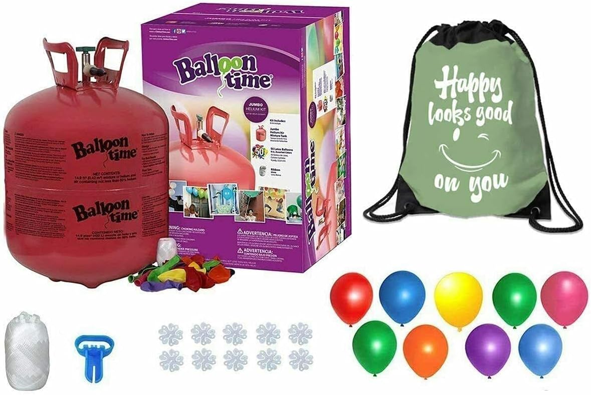 Blue Ribbon Balloon Time Disposable Helium Tank 14.9 cu.ft - 50 Latex Balloons + Balloon Tying Tool + Curling Ribbon
