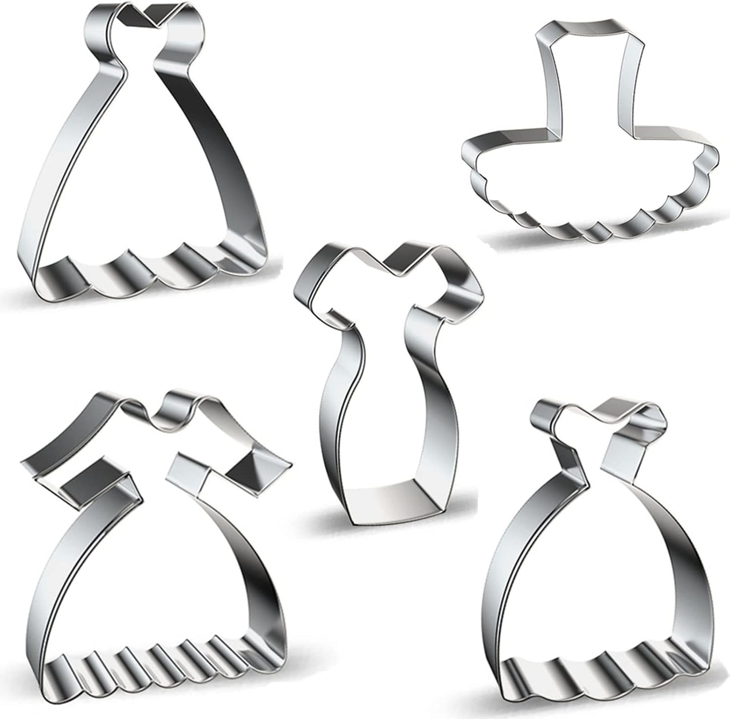 Dress Shaped Cookie Cutters Set of 5 pcs, Stainless Steel Wedding Princess Dress Fondant Cutter Molds Baking DIY