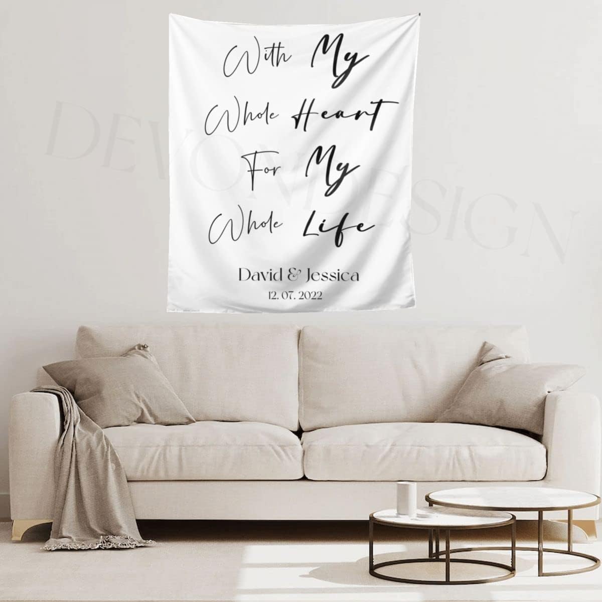 With My Whole Heart for My Whole Life - Custom Tapestry with Names and Date, Rustic Sign, Personalized Calligraphy Banner for Ceremony, Wedding Arch & Reception Backdrop