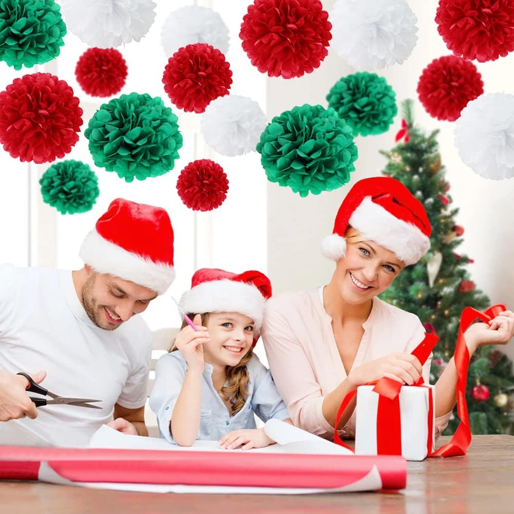 Easy Joy 17Pcs Christmas New Year Hanging Decoration Red Green White Paper Pom Poms Flowers 6, 8,10 inch Hanging Paper Flowers Christmas Home Wedding Birthday Party Decorations