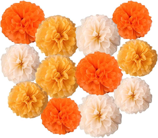 Yangeey 12pcs 8in 10in Paper Pom Poms Orange Tissue Paper Flower Hanging Paper Flower Balls Wedding Party Flower Decorations DIY Art Craft Blooms for Birthday Baby shower nursery decor