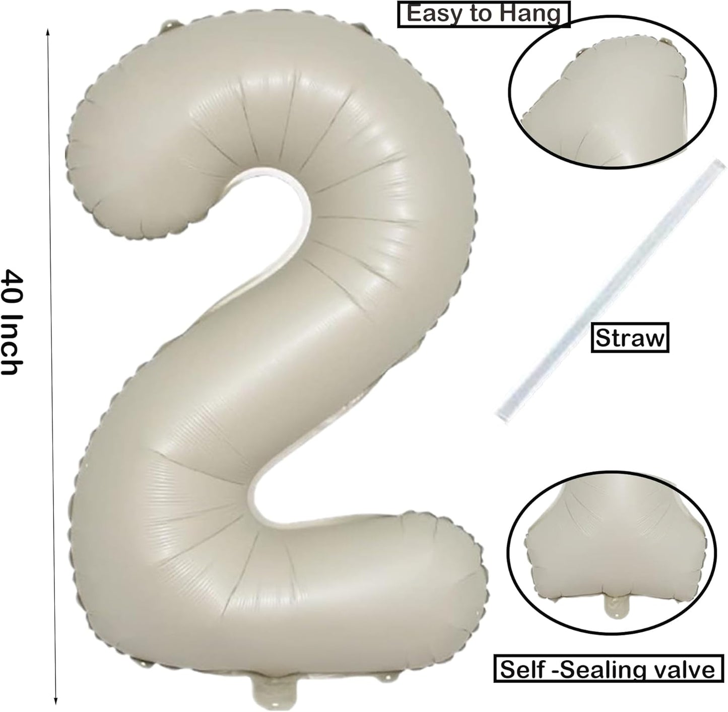 40 Inch Cream White Number Foil Balloons 2 for Kids Birthday Party LargeSelf Inflating Foil Numbe Balloons for 2nd Boys girls Digit 2 Balloon Decors 2 Year Old Anniversary Graduations Decors