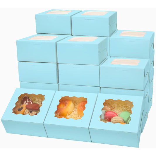 Bakepacker 60pcs Light Blue Bakery Boxes with Window 6x6x3 inches Thick & Sturdy Macaroon Pastry & Cookie Boxes