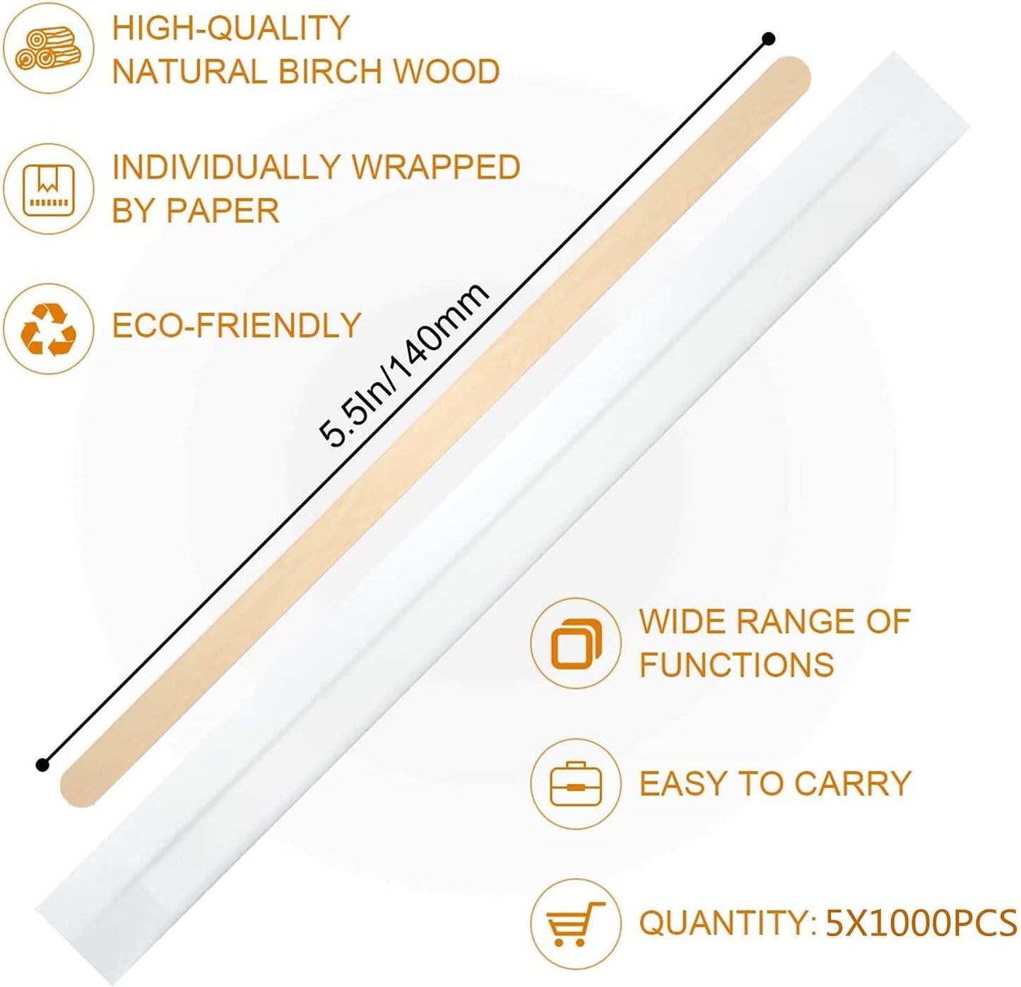 5×1000Pcs Disposable Wood Coffee Stir Sticks Stirrers Individually Paper Wrapped Coffee Tea Beverage Stirrers Stirrings 5.5 Inch,140mm