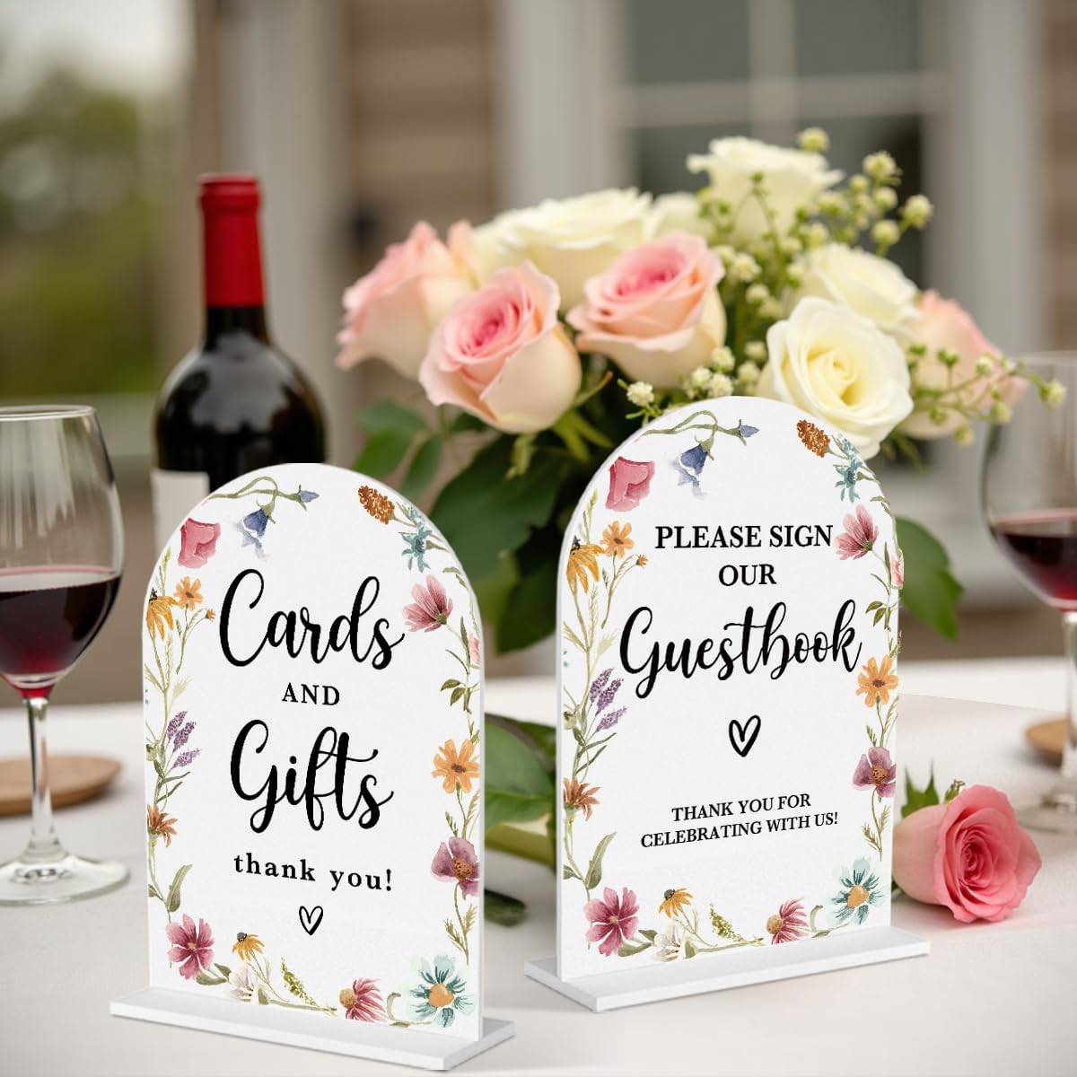 2 Pcs Acrylic Wedding Signs for Reception, Bridal Shower Decorations, Cards and Gifts Signs, Guest Book Sign, Arch Acrylic Table Top Sign with Holder for Wedding Reception (White Wildflowers)