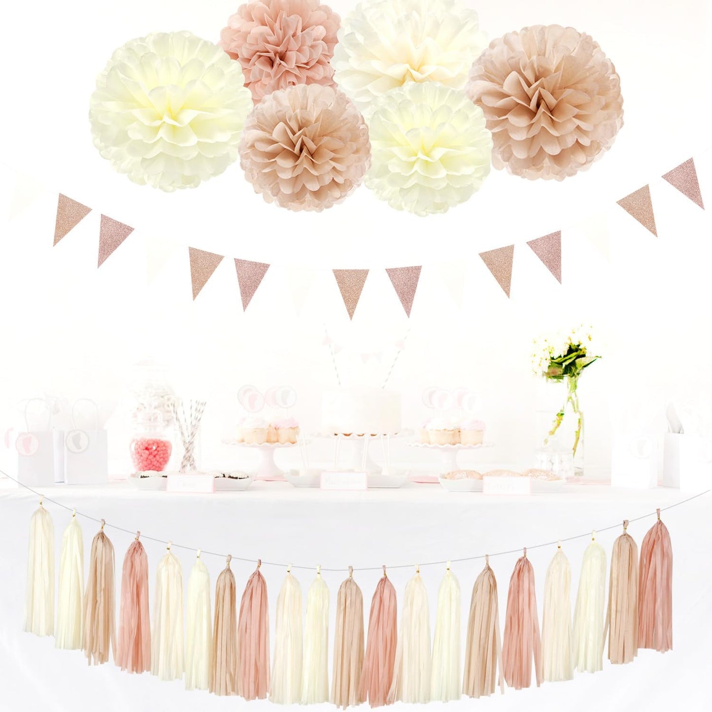 Champagne-Gold Beige Boho Baby-Shower Party-Decorations - 23pcs Fall Rustic Neutral Bridal Wedding Paper Tissue Pom Poms Streamers,Retro Tassel Garland,Girl Birthday Banner Decor Lasting Surprise