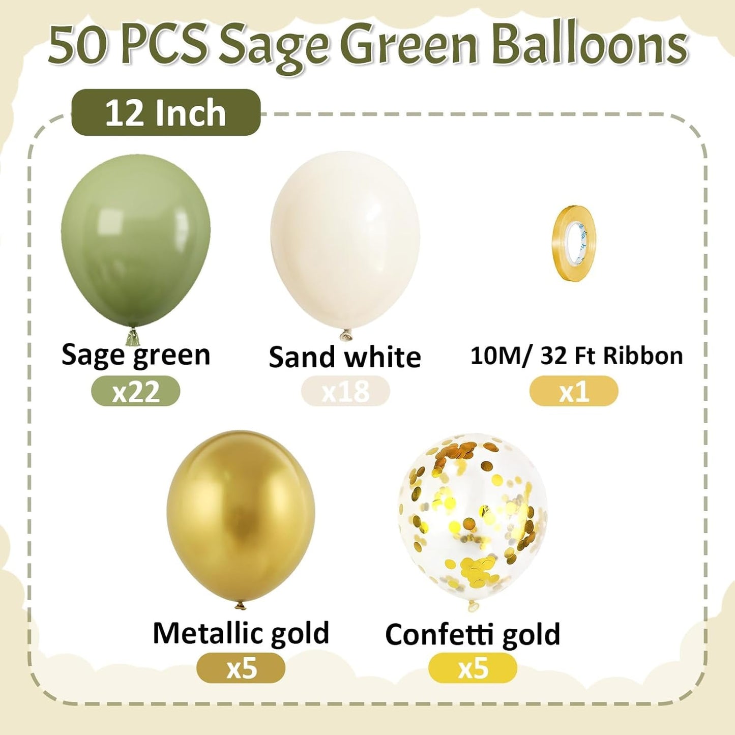 Sage Green and Gold Balloons, 50 PCS Sage Green Party Balloons, 12 Inch Metallic Gold Confetti Avocado Green Sand White Latex Balloons for Birthday Jungle Safari Wedding Baby Shower Party Decorations