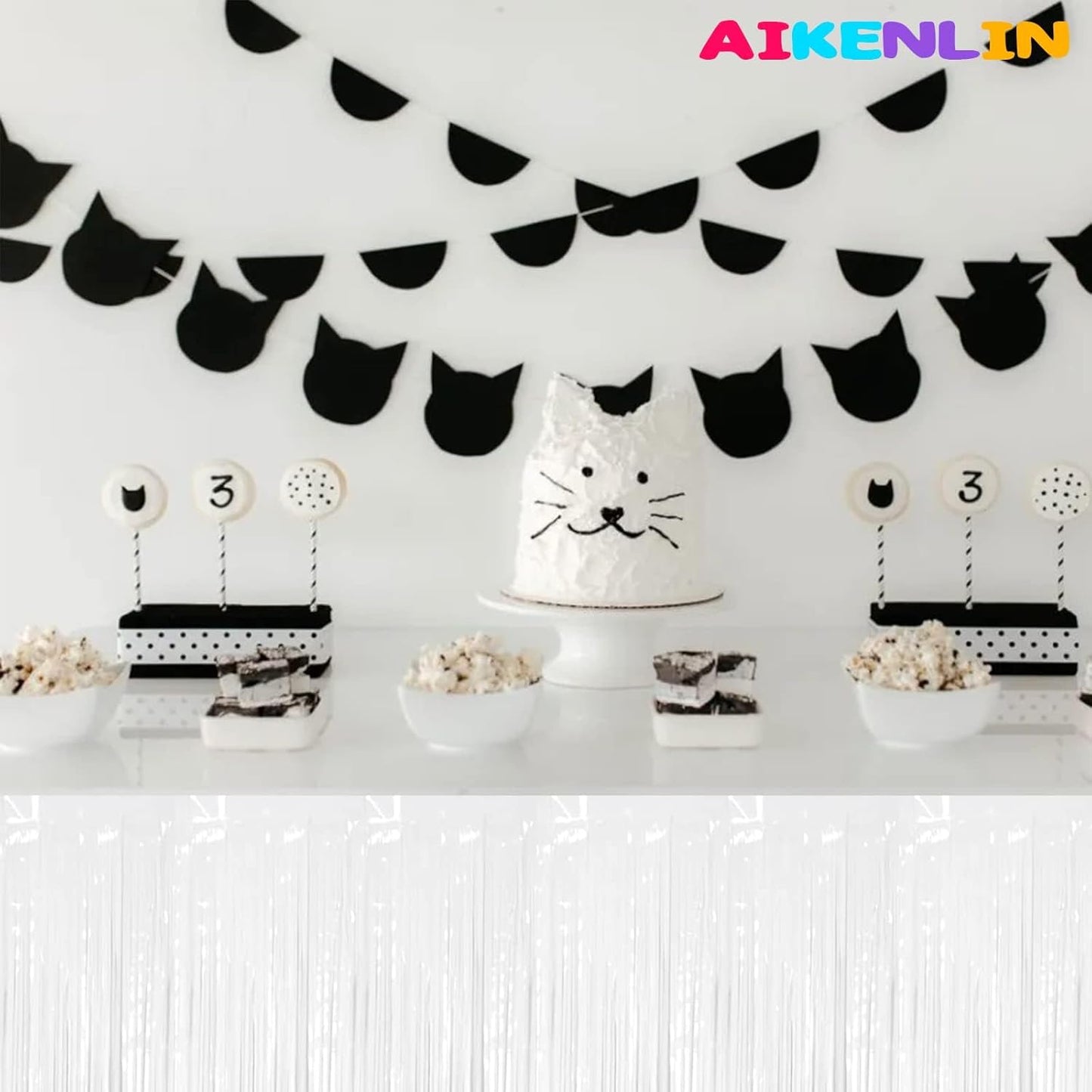 6 Pack 29x108 Inch Metallic Foil Fringe Tinsel Table Skirts Banner for Rectangle Tables Streamer Garland Curtains Backdrop for Wedding, Birthday, Parade Floats Party Decoration(White)