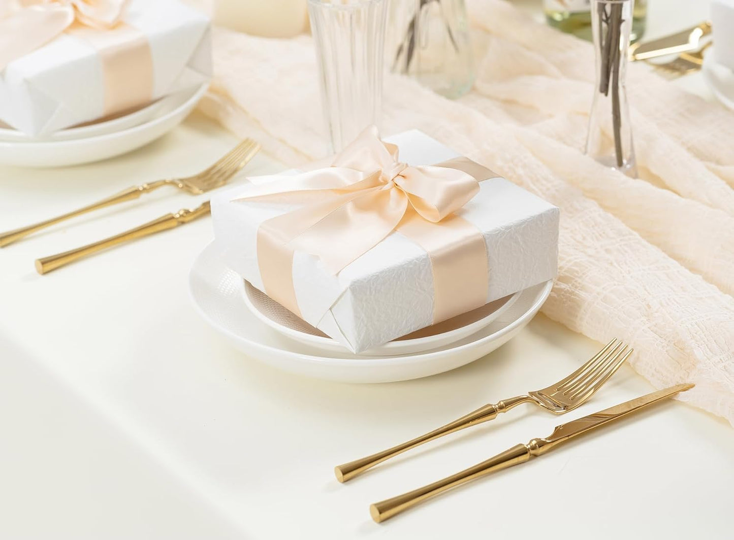 Light Champagne Satin Ribbon 1-1/2 Inch x 50 Yards Double-Faced Polyester Ribbons for Flower Bouquet Gift Wrapping Party Decor Wedding Invitation DIY Craft