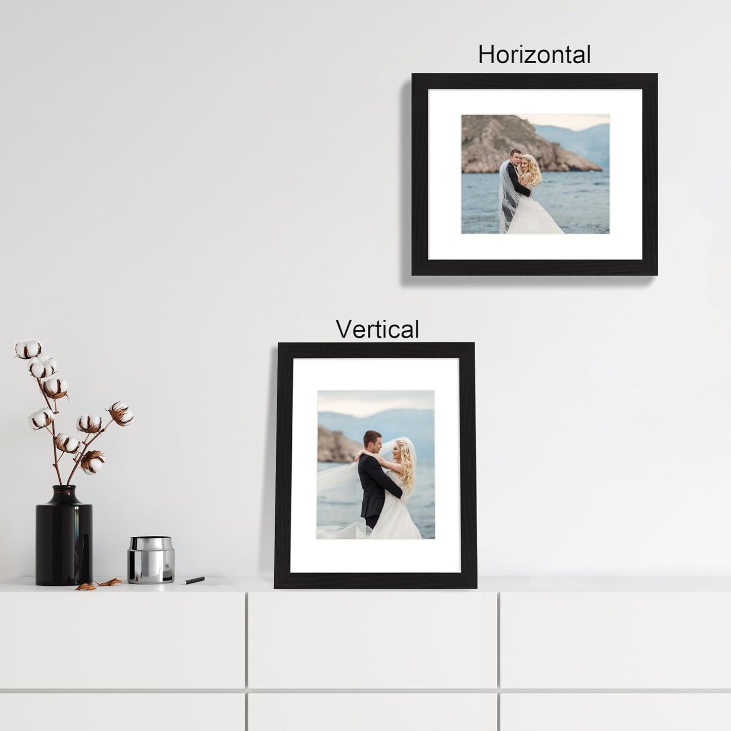 11x14 Picture Frame Set of 4 with Tempered Glass, Black Frame Display 8x10 Picture with Mat or 11 x 14 Without Mat, Rustic Wood Photo Frames for Horizontal or Vertical Wall Mounting