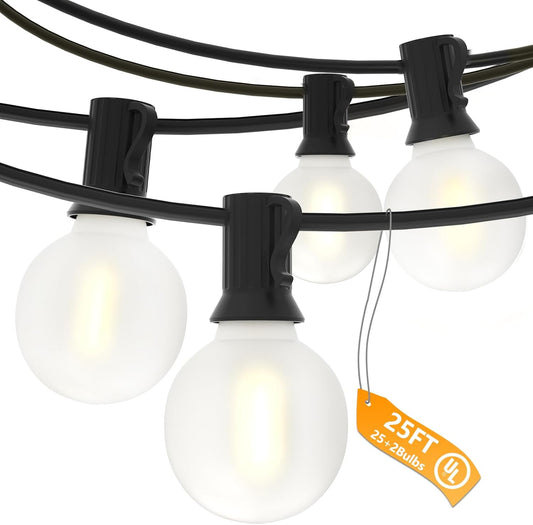 G40 Outdoor Globe Lights, 25FT Globe Christmas Lights with 27 LED Shatterproof Frosted Bulbs (2 Spare), Outdoor String Lights for Party Patio Garden Backyard Bistro Pergola Gazebo Decor, Black Wire