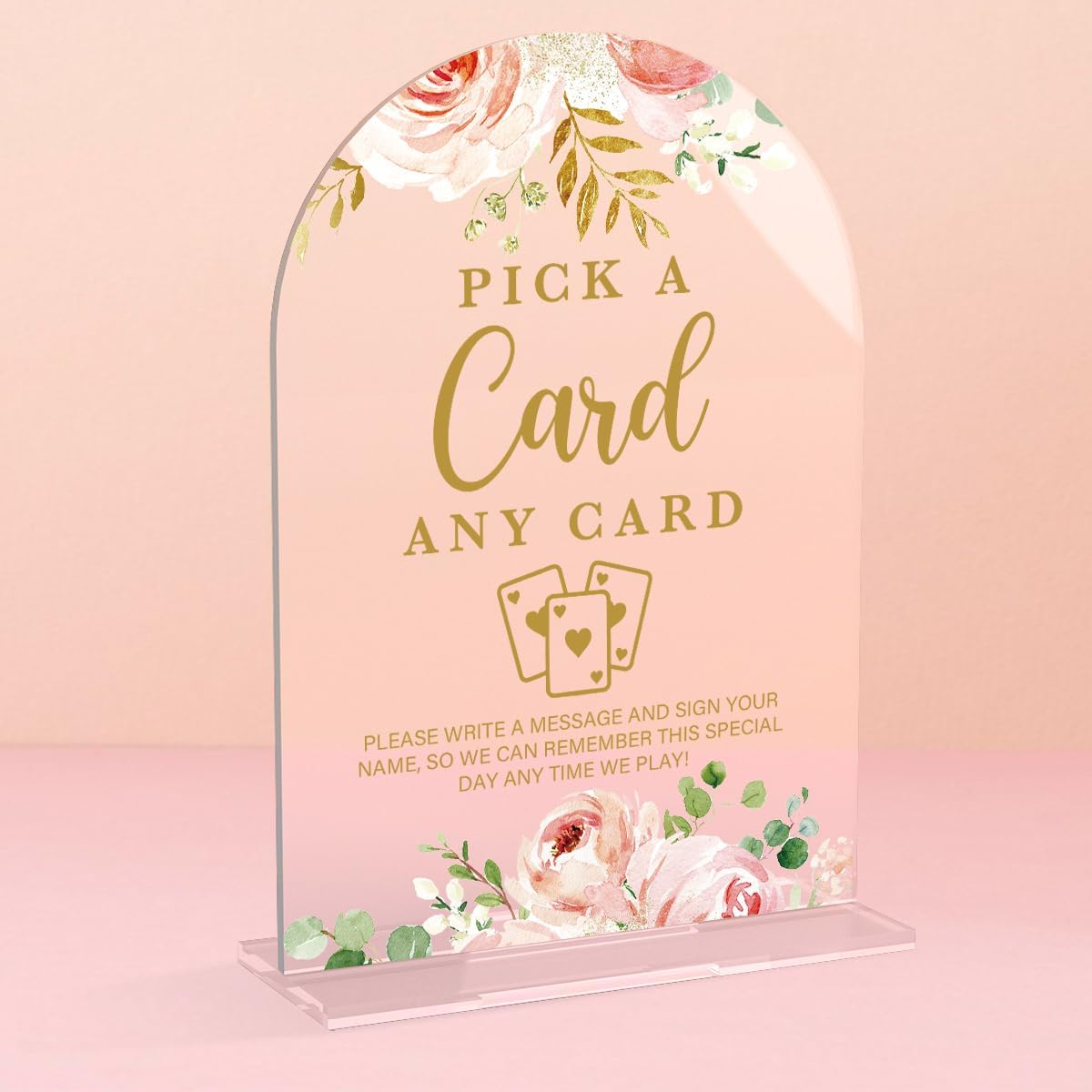 Acrylic Wedding Signs, Bridal Shower Decorations, Pick A Card Signs for Reception, Modern Calligraphy Arch Acrylic Table Top Sign for Wedding Reception and Engagement Parties (Clear Pink Flowers)