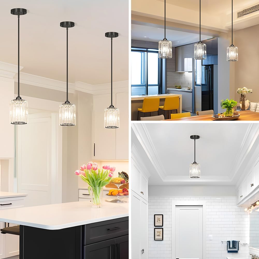 Black Kitchen Pendant Lights Over Island with Adjustable Rods - Crystal Pendant Lighting Fixtures for Sloped Ceiling, Ideal Over Dining Table or Bar, E26 Bulb Compatible, No Electrician Needed