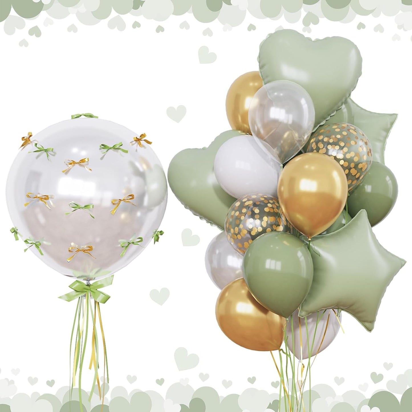 Sage Green and Gold Balloons Heart Star Balloon as Retro Olive Sage Green Baby Shower Decorations, Metallic Gold Confetti Balloons 18 inch Clear Foil Balloon as Anniversary Engagement Party Decor