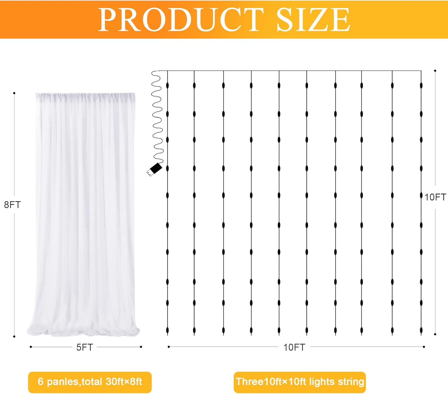 Fomcet Tulle Backdrop Curtains White 30FT X 8FT Tulle Curtains with Lights String Sheer Backdrop Curtain for Parties Wedding Baby Shower Photo Shoot Decorations (6 Panels 5 x 8FT)